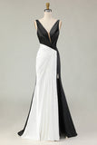 Black White Deep V Neck Mermaid Red Carpet Dress with Slit