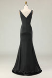 Black White Deep V Neck Mermaid Red Carpet Dress with Slit