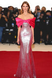 Sparkly Fuchsia Sequins Sheath Off the Shoulder Red Carpet Dress with Bow