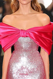 Sparkly Fuchsia Sequins Sheath Off the Shoulder Red Carpet Dress with Bow