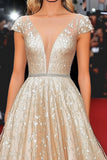 Champagne Deep V Neck Cap Sleeves A Line Applique Red Carpet Dress
