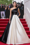 Black White Patchwork One Shoulder Satin A Line Red Carpet Dress