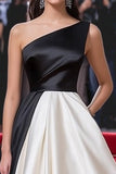 Black White Patchwork One Shoulder Satin A Line Red Carpet Dress