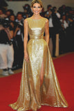 Glitter Metallic Satin Gold Scoop Neck A Line Red Carpet Dress with Slit