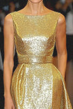 Glitter Metallic Satin Gold Scoop Neck A Line Red Carpet Dress with Slit
