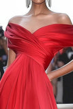 Red Off the Shoulder A Line Floor Length Red Carpet Dress