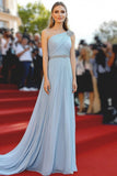 Sky Blue One Shoulder Chiffon Beaded A Line Pleated Red Carpet Dress