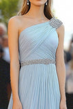 Sky Blue One Shoulder Chiffon Beaded A Line Pleated Red Carpet Dress