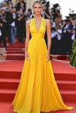 Yellow A Line Chiffon V-Neck Pleated Floor Length Formal Dress