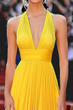 Yellow A Line Chiffon V-Neck Pleated Floor Length Formal Dress