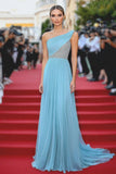 One Shoulder Sparkly Sky Blue A Line Pleated Long Formal Dress