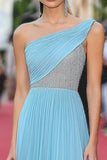 One Shoulder Sparkly Sky Blue A Line Pleated Long Formal Dress