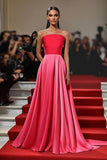 Red Pink Strapless Satin A Line Pleated Long Formal Dress