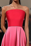 Red Pink Strapless Satin A Line Pleated Long Formal Dress