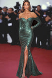 Dark Green Sparkly Corset Off the Shoulder Mermaid Formal Dress with Slit