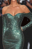 Dark Green Sparkly Corset Off the Shoulder Mermaid Formal Dress with Slit