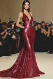Sparkly Red Sequin Deep V Neck Mermaid Long Formal Dress