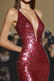 Sparkly Red Sequin Deep V Neck Mermaid Long Formal Dress