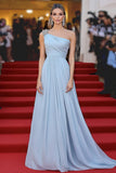Sky Blue One Shoulder A Line Pleated Long Formal Dress