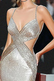 Sparkly Silver Sequin Spaghetti Straps Cut Out Sheath Formal Dress