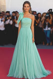 One Shoulder Mint A Line Pleated Long Formal Dress