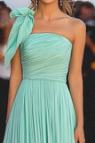 One Shoulder Mint A Line Pleated Long Formal Dress
