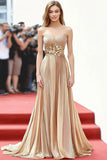 Champagne Metallic Sweetheart Pleated A Line Formal Dress with 3D Flower