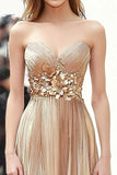 Champagne Metallic Sweetheart Pleated A Line Formal Dress with 3D Flower
