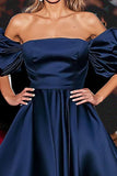 Navy Ball Gown Off the Shoulder Satin Puff Sleeves Long Formal Dress