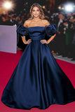 Navy Ball Gown Off the Shoulder Satin Puff Sleeves Long Formal Dress