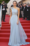 Sky Blue One Shoulder Chiffon A Line Formal Dress with Beading