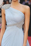 Sky Blue One Shoulder Chiffon A Line Formal Dress with Beading