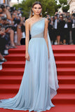 Sky Blue One Shoulder A Line Chiffon Pleated Formal Dress with Beading