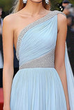 Sky Blue One Shoulder A Line Chiffon Pleated Formal Dress with Beading