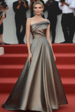 Steel Grey One Shoulder Satin A Line Long Formal Dress