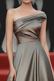 Steel Grey One Shoulder Satin A Line Long Formal Dress