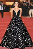 Black Ball Gown Strapless V-Neck Formal Dress with Polka Dots
