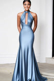 Grey Blue Halter Satin Sheath Red Carpet Dress