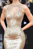 Sparkly Gold Mermaid Red Carpet Dress with Appliques