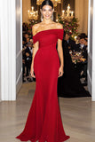 Red Off The Shoulder Chiffon Sheath Red Carpet Dress