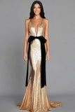 Sparkly Gold Deep V-Neck Red Carpet Dress with Bow