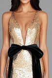 Sparkly Gold Deep V-Neck Red Carpet Dress with Bow