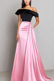 Black Pink Satin A Line Red Carpet Dress with Side Cape