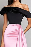 Black Pink Satin A Line Red Carpet Dress with Side Cape