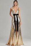 Sparkly Gold Deep V-Neck Sheath Red Carpet Dress with Belt