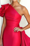 Watermelon One Shoulder Sheath Red Carpet Dress with Cape