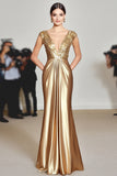 Sparkly Gold Ruched Deep V-Neck Long Red Carpet Dress
