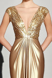 Sparkly Gold Ruched Deep V-Neck Long Red Carpet Dress