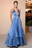 Blue A Line Satin Deep V-Neck Floor Length Red Carpet Dress