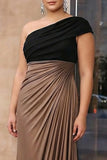 Black Brown Sheath Plus Size One Shoulder Ruched Red Carpet Dress